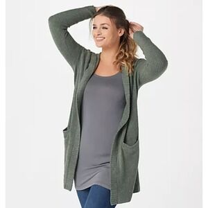 Barefoot‎ Dreams CozyChic Lite Hooded Cardigan Grey Green Open Pocket Med Ribbed